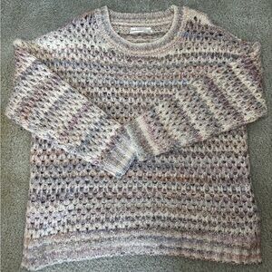 Anthropologie Cream and Purple Knit Sweater- open weave- comfy vibe